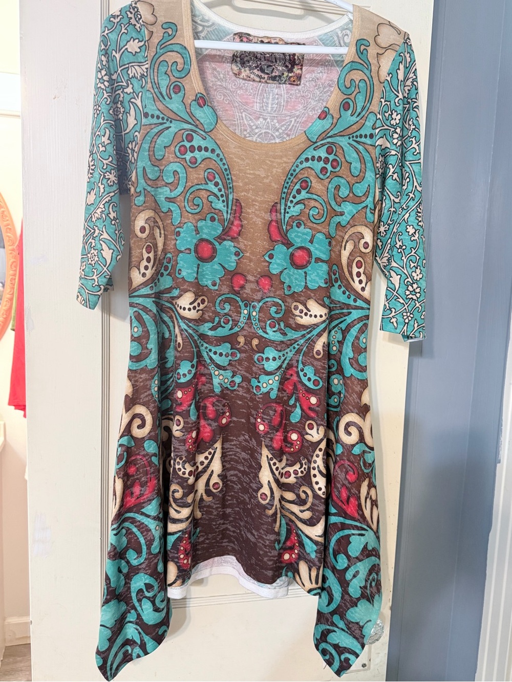 Printed Scoop Neck Tunic Top in Turquoise and Brown